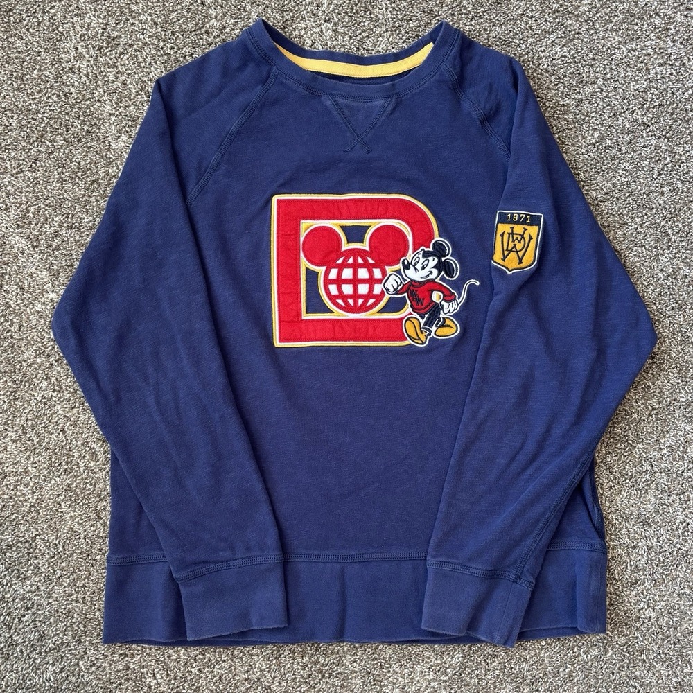 Disney Parks Womens Sweatshirt Retro 1971 Spirit Varsity Mickey Blue Size Large